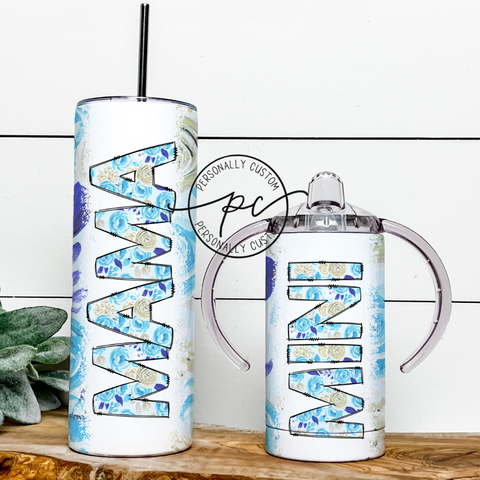 Neutral Blue Floral Mama & Mini Tumbler Bundle